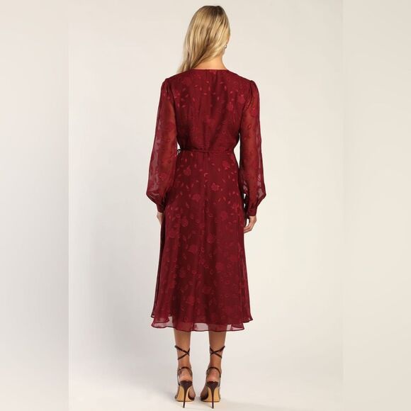LULUS Evening of Elegance Burgundy Floral Jacquard Wrap Midi Dress *NWOT* - Picture 2 of 16